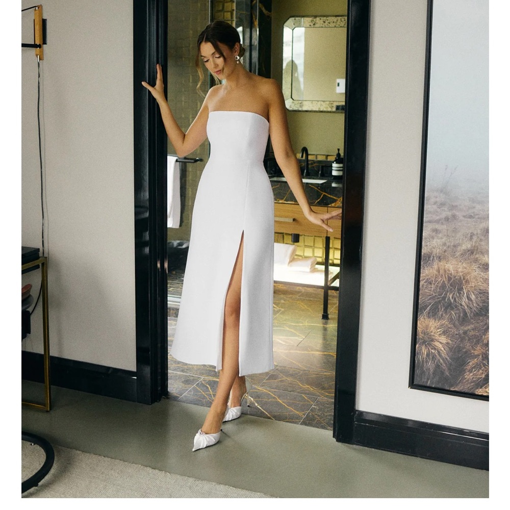 Park & Fifth Strapless White Midi Dress with Front Slit